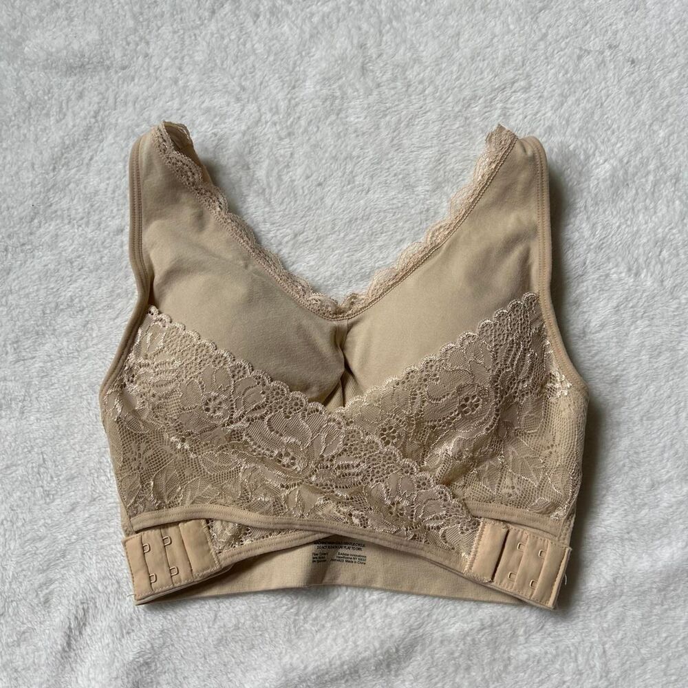 Cara Mia Cream lace padded stretch bralette floral design adjustable cross front